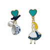 Carton Fairy Tale Princess Alice Asymmetry Earrings Imitation Pearl Blue Heart Dangle Earrings Cute Girls Enamel Earrings - Image 3