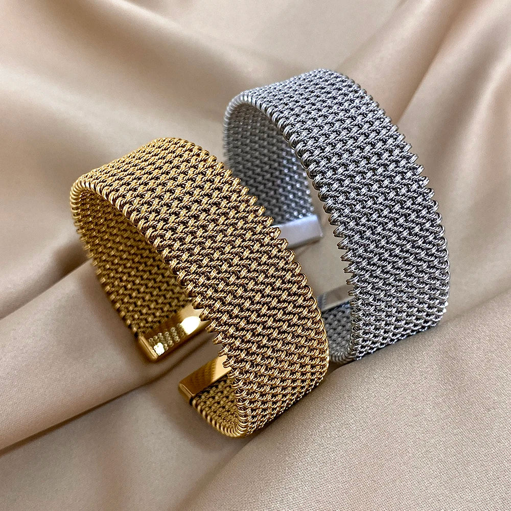 Greatera Close Line Embossing Stainless Steel Men's Bracelet Braided Mesh Open Bangle Classic Daily Party Wear Jewelry Gifts - Image 1