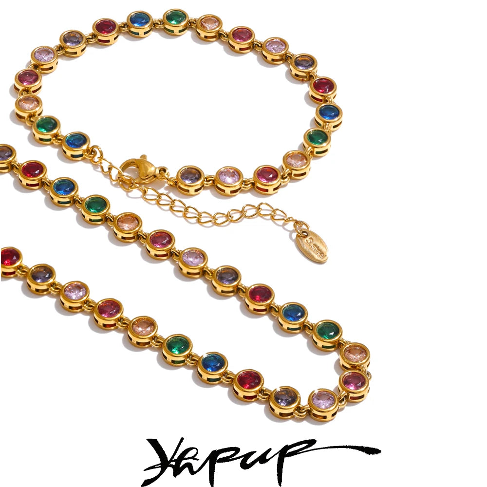 Colorful Cubic Zirconia Cast Chain Necklace Bracelet for Women Stainless Steel Jewelry Gift - Image 1