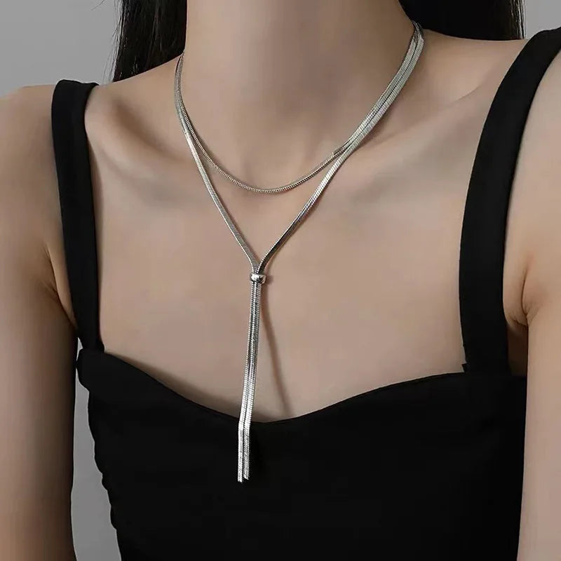 100 cm Snake Chain Necklace with Long Tassel Detail in Gold-Tone or Silver-Tone - Image 1