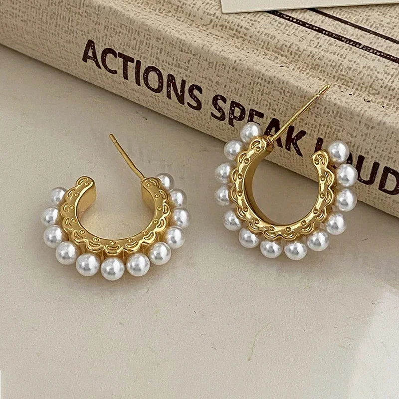 Silver Color Pearl Letter C Stud Earrings for Women Minimalist Jewelry Accessories - Image 1
