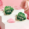 Monstera Leaf Pronoun Enamel Pins, She/Her They/Them Green Plant Lapel Brooches - Image 2