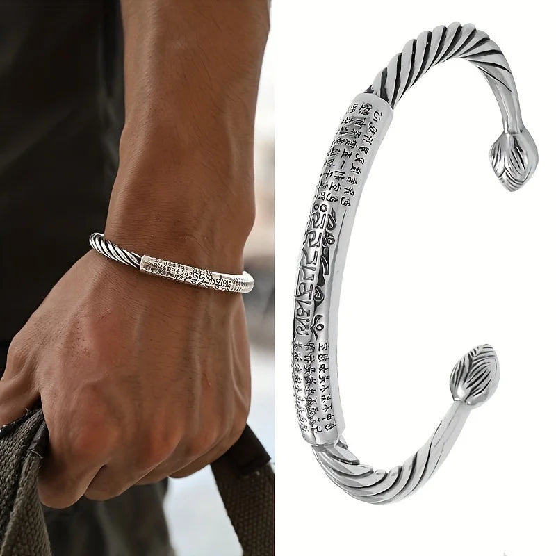Hua Hua Silver Personality Retro Six-Character Mantra Leather Bracelet Woven Men's Bracelet - Image 1