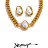 Baroque Simulated Pearls Golden Cuban Chain Necklace Earrings Vintage Stainless Steel Elegance Jewelry Gift - Image 1