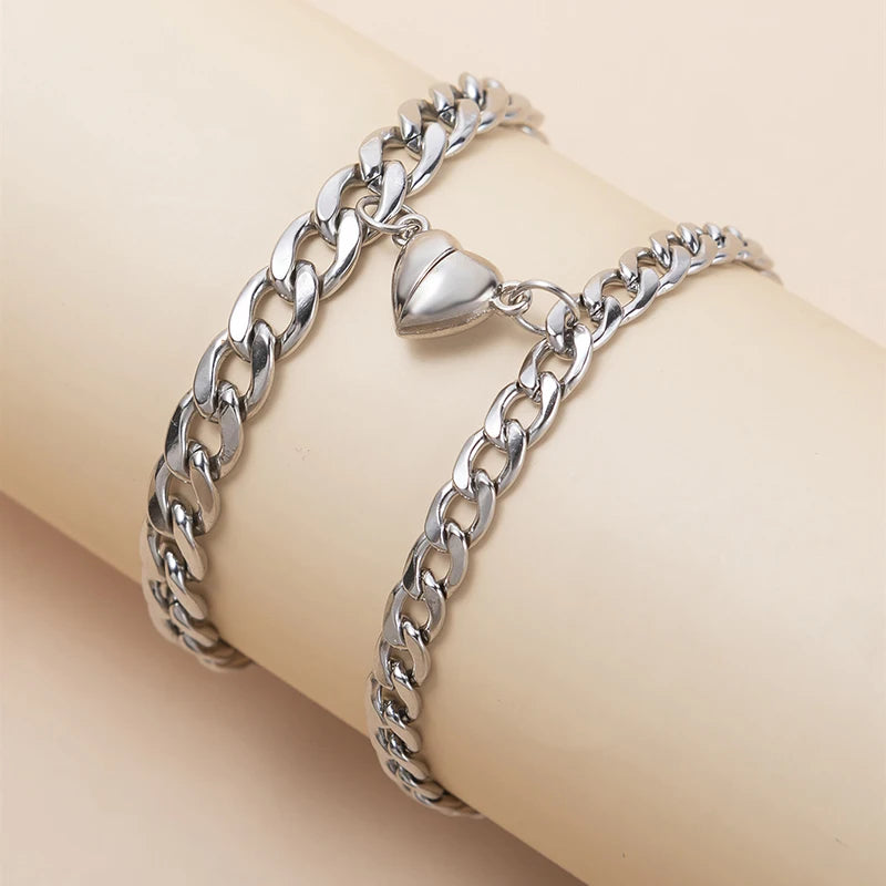 2Pcs/set Magnet Couple Bracelets Heart Attraction Bracelet Stainless Steel Charm Simple Cuban Chains Key Lock Jewelry Gifts - Image 1