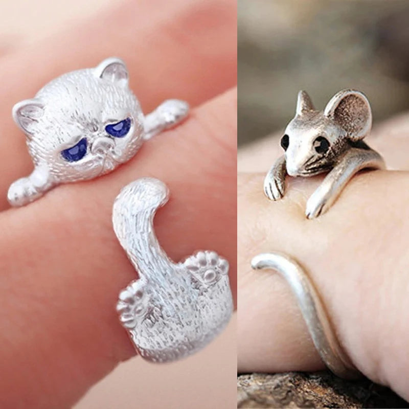 Cute Cat and Mouse Shape Open Ring for Women Antique Silver Color Modern Girls Finger Accessories Hip Hop Party Jewelry - Image 1