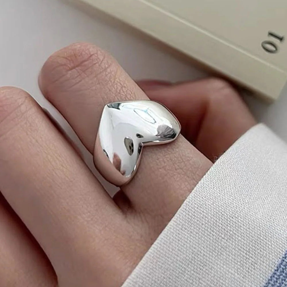 Silver Rings For Women Vintage Handmade Adjustable Finger Shinning Heart Ring Band Female Gift - Image 1