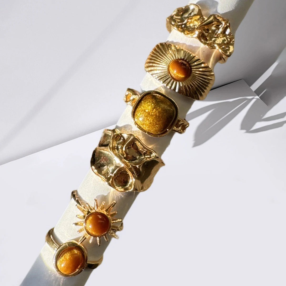 6pcs Sunflower Tiger Eye Stone Ring Set for Women Vintage Irregular Gold Color Aesthetic Open Rings Party Jewelry Gifts - Image 1