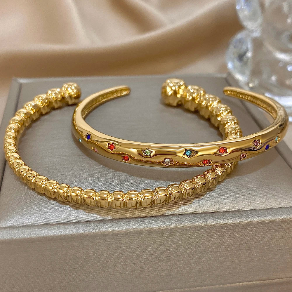 Star Inlaid Colored Small Zirconia Beaded Open Stainless Steel Cuff Bracelets Bangles Gold Plated Wrist Jewelry Gift - Image 1