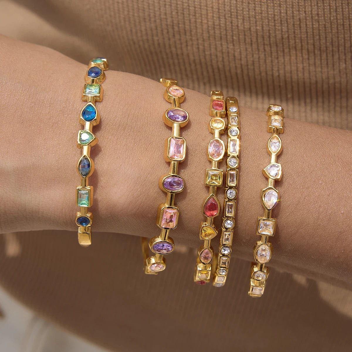 Romantic Colorful Geometric Zircon Inlay Bangle For Women Gold Pvd Plated Stainless Steel Jewelry - Image 1