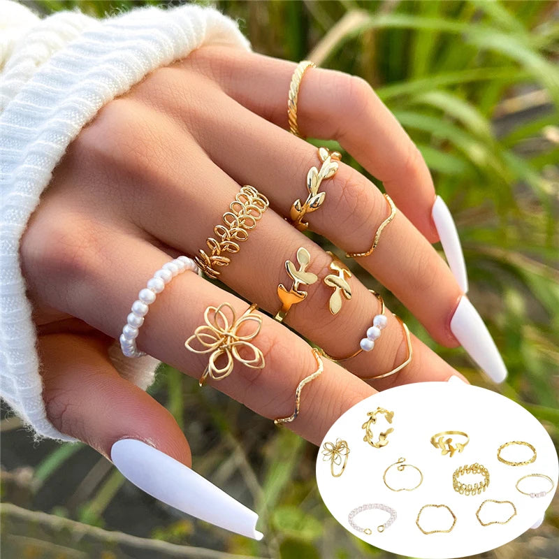 10Pcs Imitation Pearl Leaf Flower Rings Set For Women Rhinestone Butterfly Finger Ring Metal Knuckle Finger Ring Jewelry - Image 1