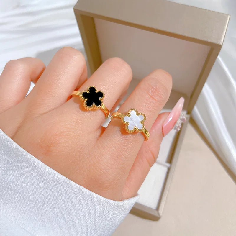 Stainless Steel Five-Petal Flower Ring in Multiple Colors - Image 1