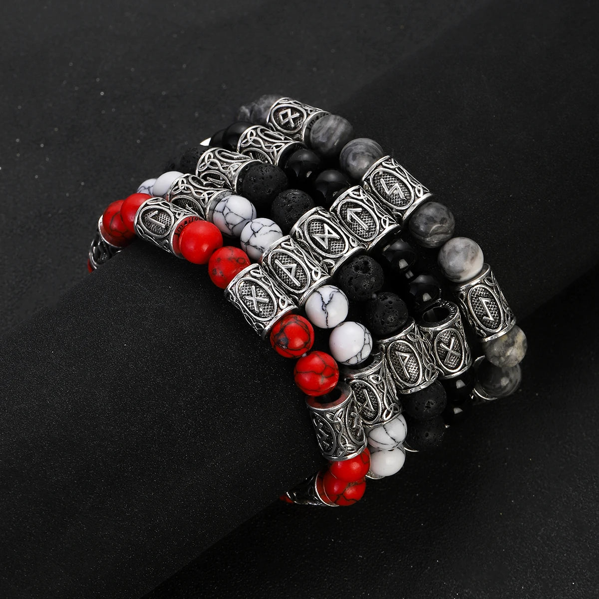 Norse Viking Runes Stone Bracelet for Men 8Mm Lava Obsidian Turquoises Beads Charm Bangles Lucky Amulet Jewelry Gift - Image 1