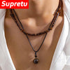 Vintage Wooden Beads Multilayer Necklace Men Brown Stone Pendant Amulet Punk Sweater Chain Accessories Jewelry Male Gift - Image 1