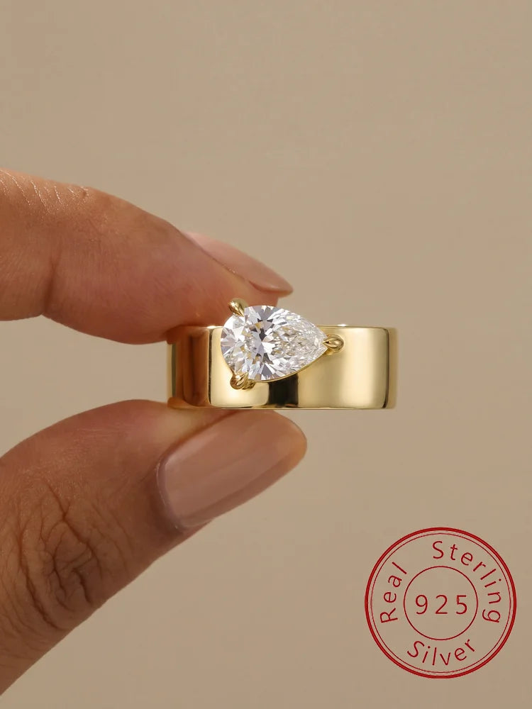 Silver Water Drop Zircon Wide Rings For Women Gift Engagement Wedding Jewelry - Image 1