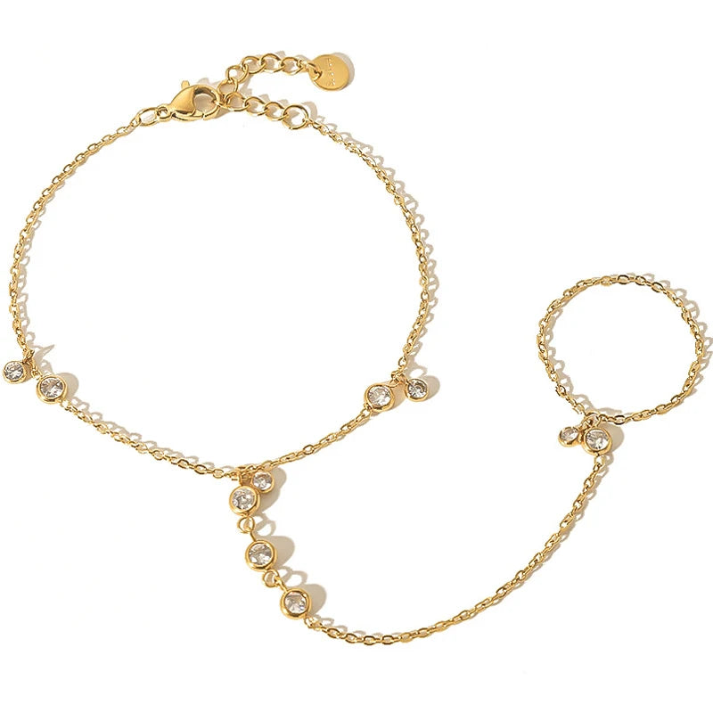 Yellow Gold Plated Stainless Steel Hand Chains Bracelet for Women Dainty Cubic Zirconia Bracelet and Ring Chain Body Jewelry - Image 1