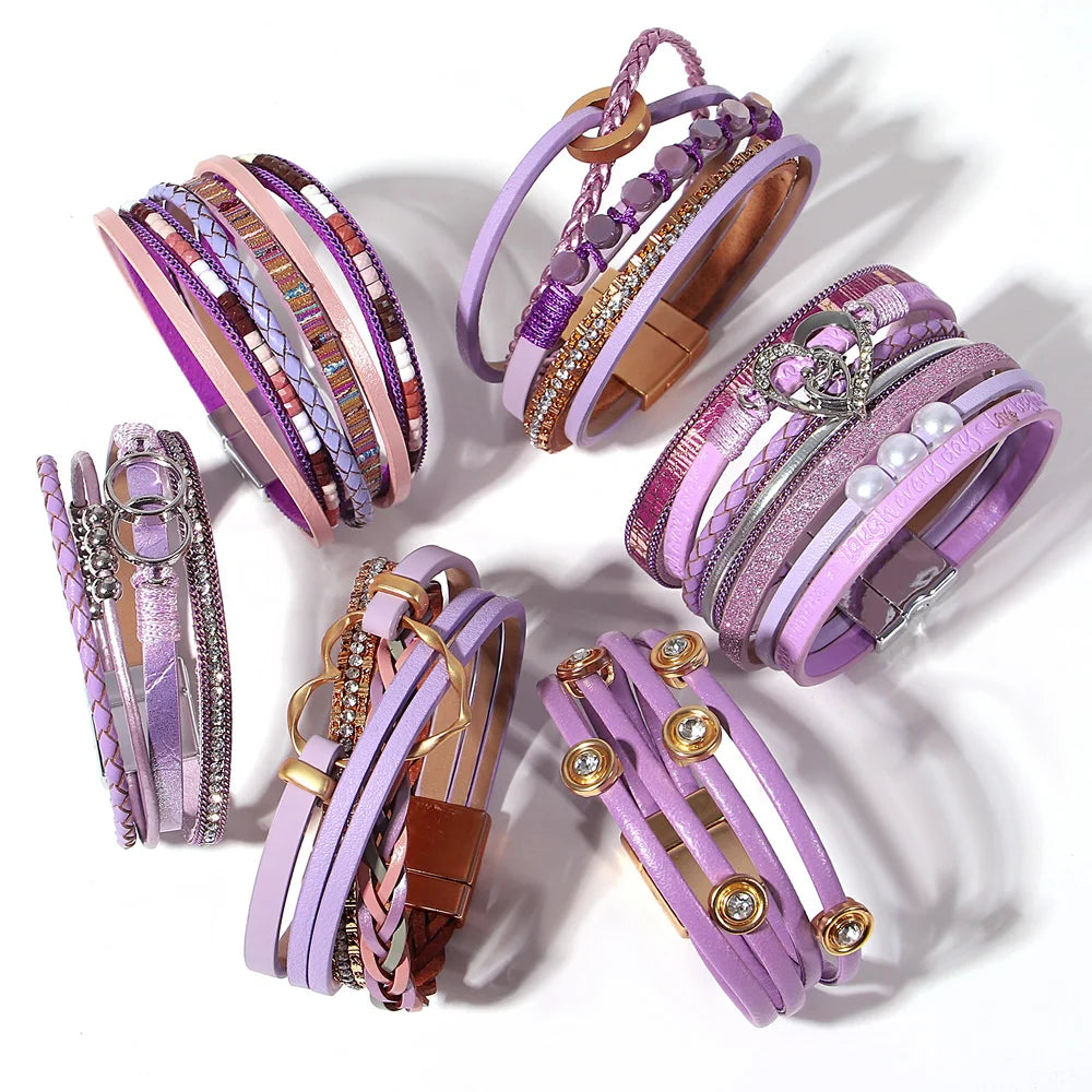 Elegant Purple Leather Bracelets for Women Boho Ethnic Braided Beads Heart Multilayer Wrap Cuff Bangle Party Jewelry Gift - Image 1