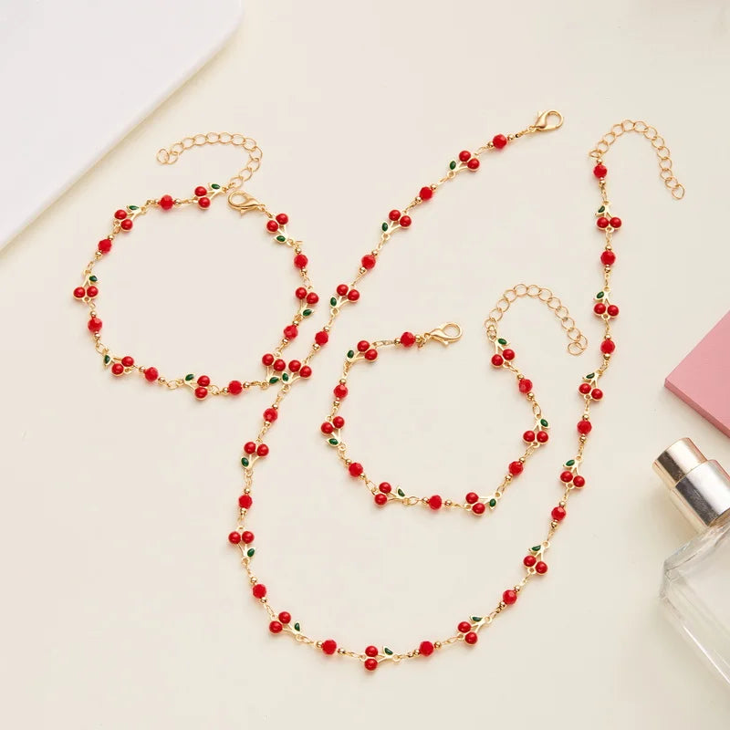 Red Cherry Pendant Bracelet Set for Women Zircon Heart Bracelet Anklet Necklace Wedding Jewelry Party Gift - Image 1