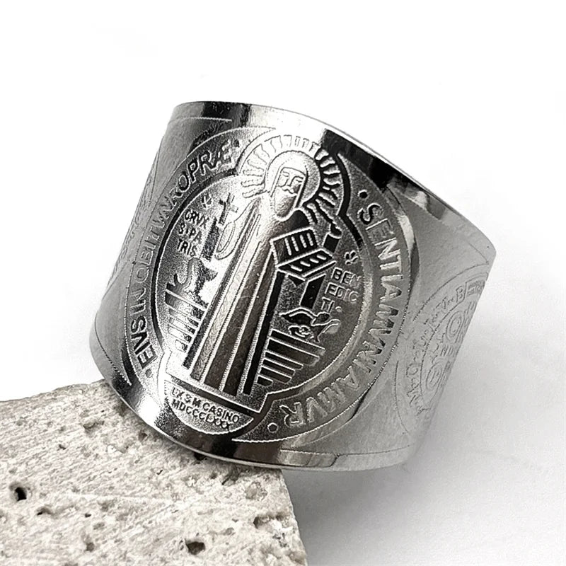 Catholic Saint Benedict Medallion Adjustable Rings for Women Men Stainless Steel Open Finger Ring Amulet Jewelry San Benito - Image 1