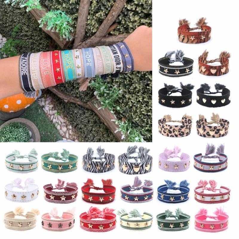 Handmade Bohemian Tassel Bracelet Woven Bangle with Heart/Star Rivets Charm Wrist Strap Jewelry for Women - Image 1