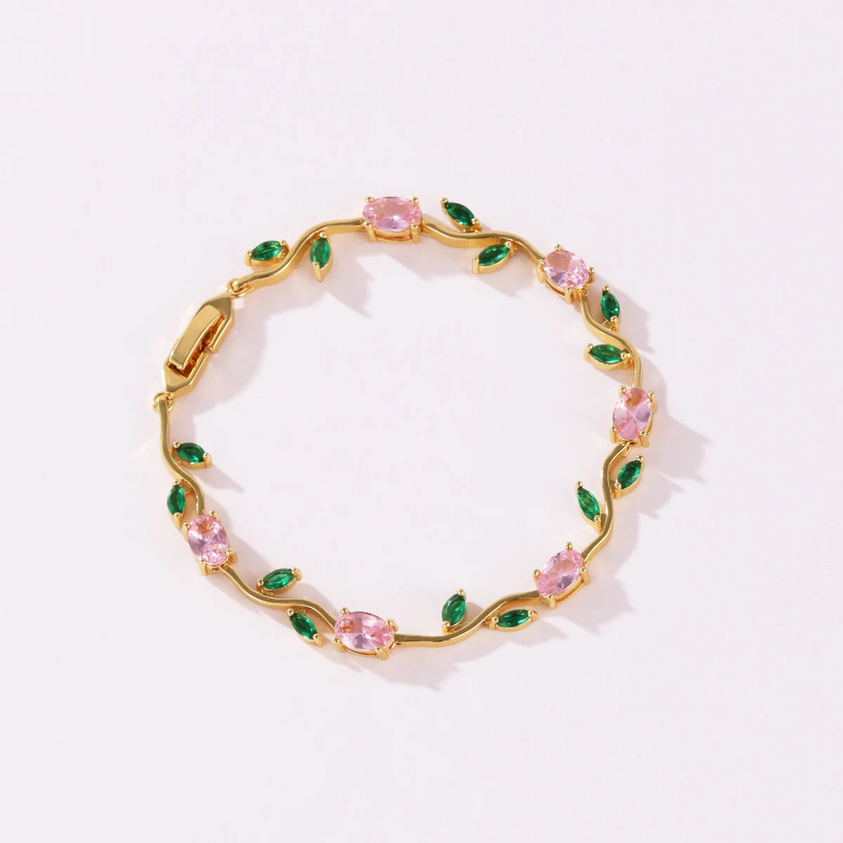 Tulip Pink Cubic Zirconia Wrist Chain with Vine Flowers, Sweet and Romantic Metal Bracelet For Women Jewelry Wedding Party Gift - Image 1