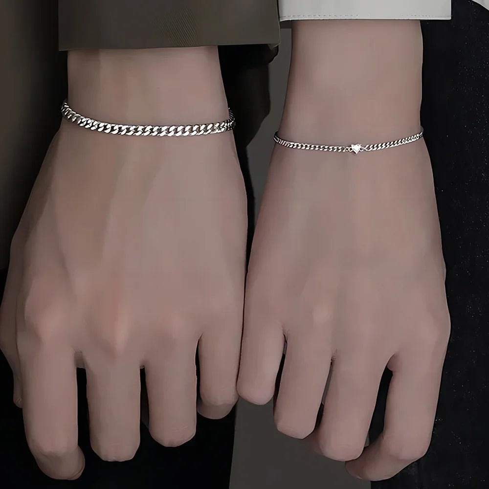 2Pcs Silver Chain Bracelet Set for Women Men Simple Crystal Heart Adjustable Couple Bracelets Couple Jewelry Gifts - Image 1
