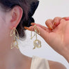 Exaggerated Simulated Pearl Hollow Out Metal Rose Flower Tassel Long Drop Earrings for Women Gold Silver Plated Alloy - Image 2