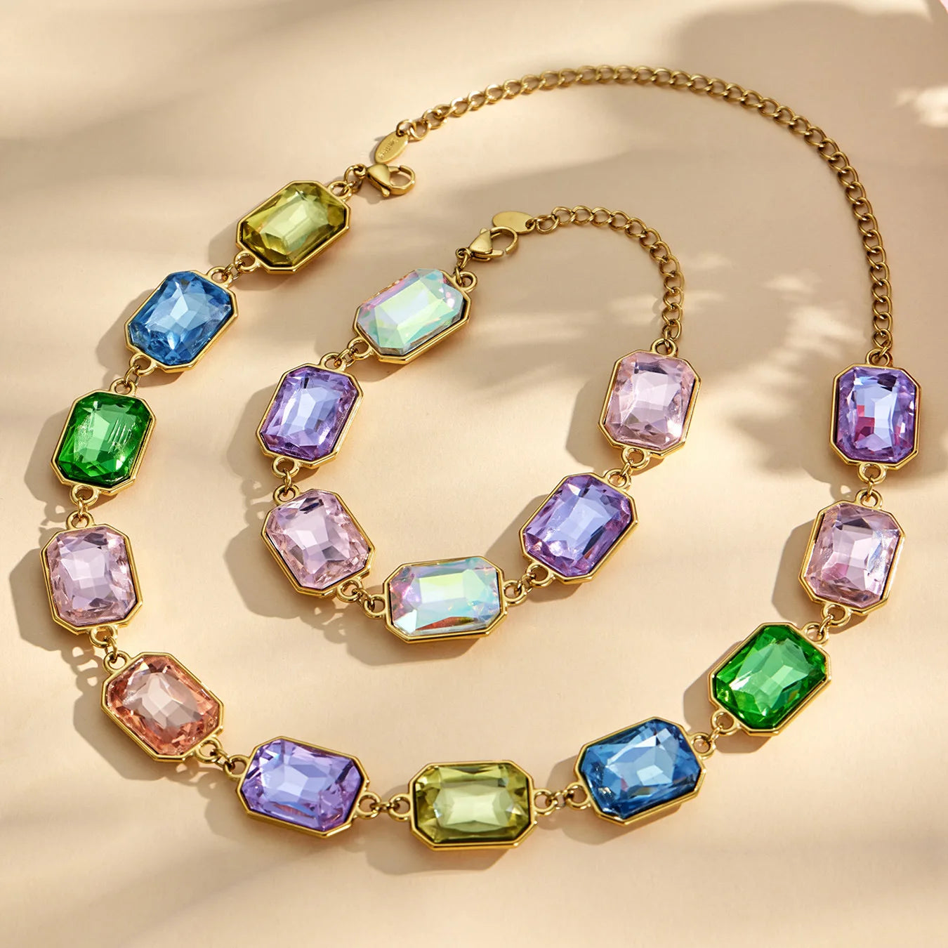 Multi Color Big Zircon Necklace Bracelet Gold Plated Stainless Steel Chain Statement Chunky Sparkling CZ Necklaces Bracelets - Image 1