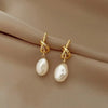 French Elegant Gold Color Bean Spliced Flat Imitation Pearl Earrings for Korean Jewelry Party Women's Sweet Accessories - Image 2