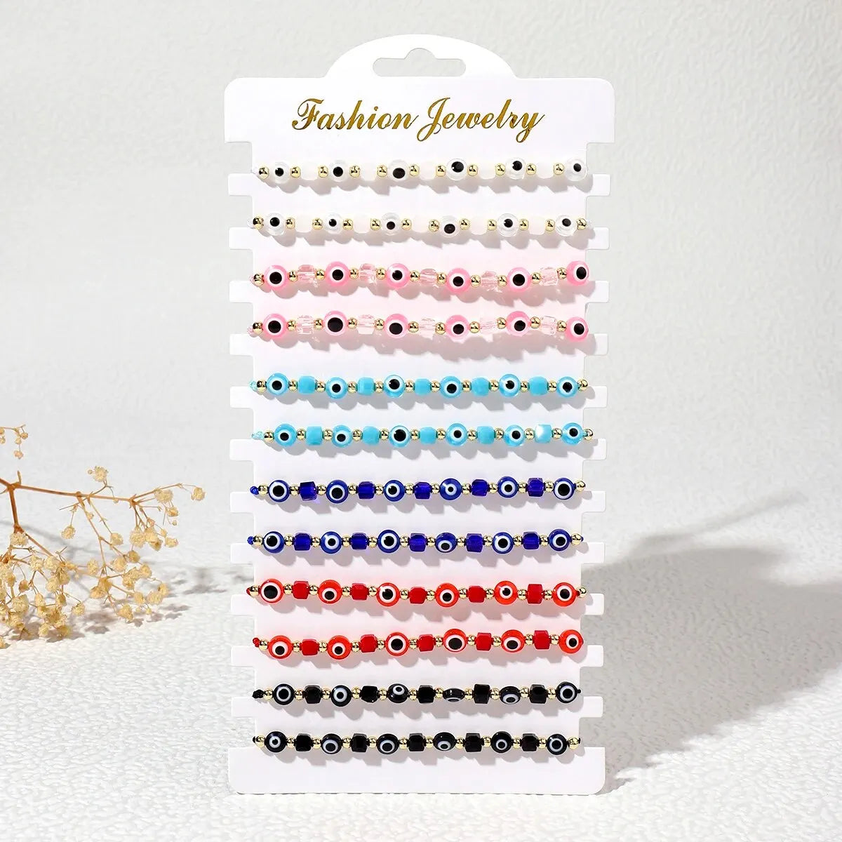 12pcs Evil Eye Square Crystal Bracelet Handmade Prayer Bangles Adjustable Anklets Wrist Jewelry Gift for Friend - Image 1