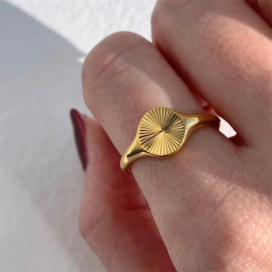 Wave Rings for Women Minimalist Dainty Rays Texture Circle Ring Stainless Steel Signet Chunky Dome Ring Jewelry - Image 1