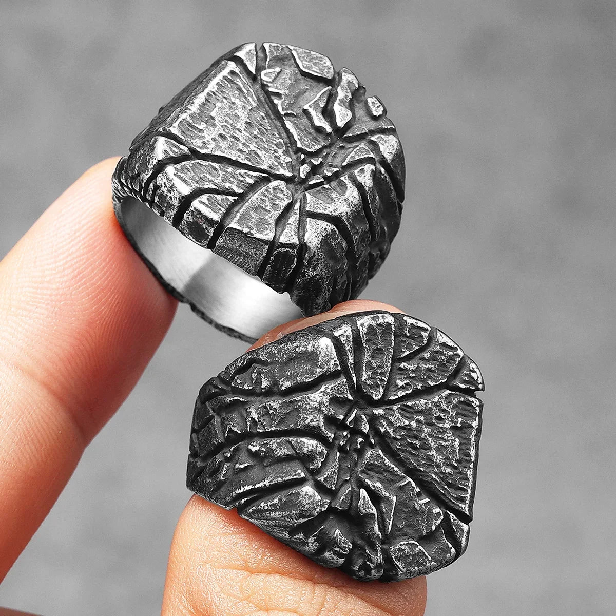 Vintage Cracked Texture Ring Men's Bold Retro Jewelry Stainless Steel Punk Rugged Rock Edgy Accessories Gift - Image 1