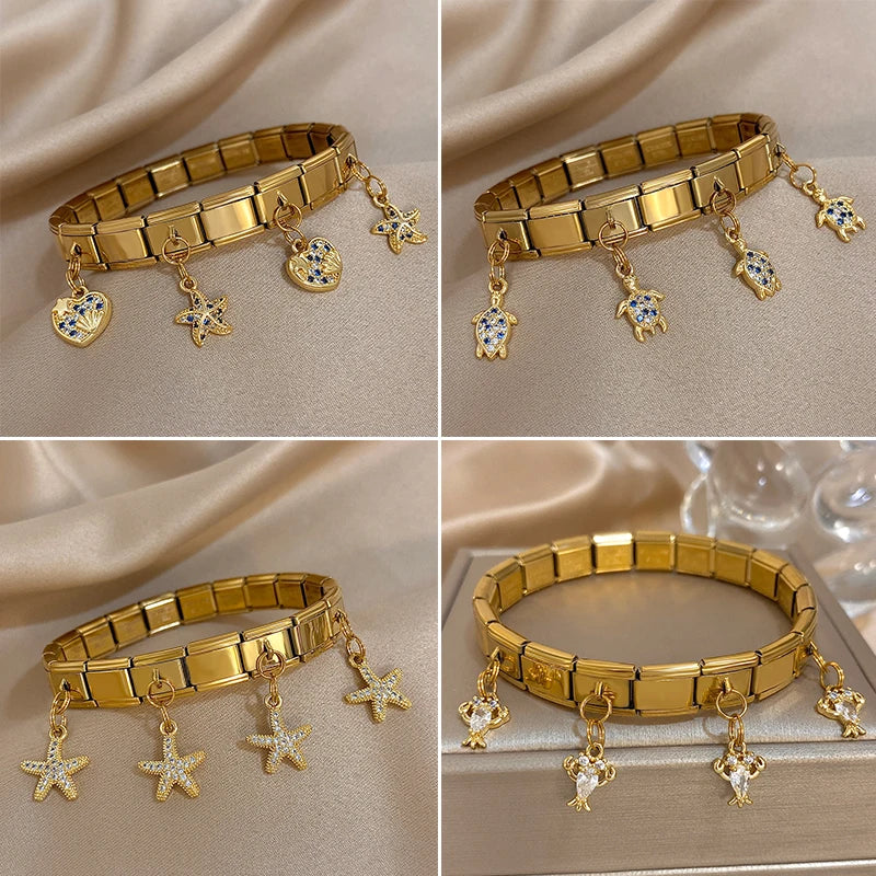 Inlaid Zircon Starfish Turtle Pendant Stainless Steel Cuff Bracelet Bangle For Women Elastic Adjustable Jewelry - Image 1