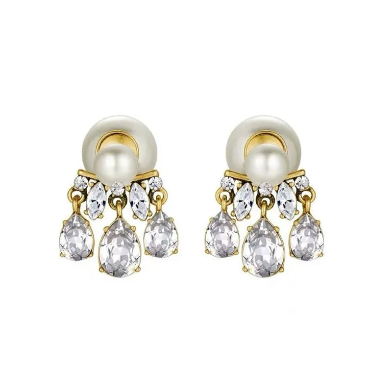 Cubic Zirconia Tassels Earrings for Women Big Pearl Letter Stud Earings Statement Classical - Image 1