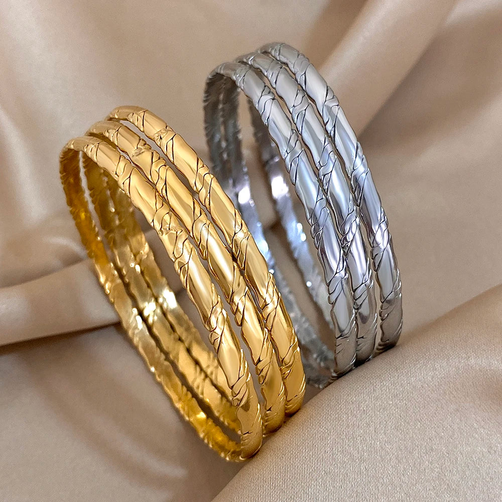 Three-Piece Diagonal-Pattern Stainless Steel Bangle Set in Gold-Tone or Silver-Tone - Image 1