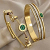 Retro Charm Stainless Steel Green Rhinestone Stone Cuff Bracelets Set for Women Cuff Bracelets Daily Party Gift - Image 1