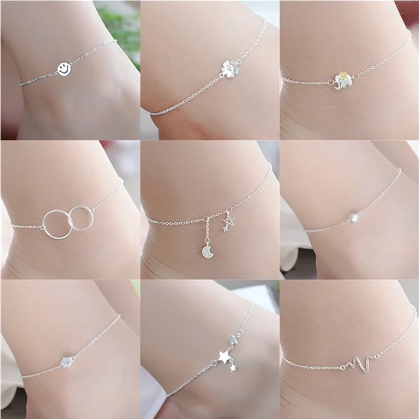 Silver Color Stamp Anklets For Women Foot Leg Chain Link Bracelet Single Layers Beach Accessories Jewelry For Female - Image 1