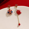 Chinese Style Year Red Little Lion Earrings for Women Design Sense Lucky Asymmetrical Long Tassel Earring Festive Jewelry - Image 1