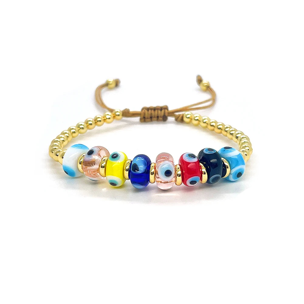 Multicolor Bead Bracelet with Blue Eye Motif and Adjustable Cord - Image 1
