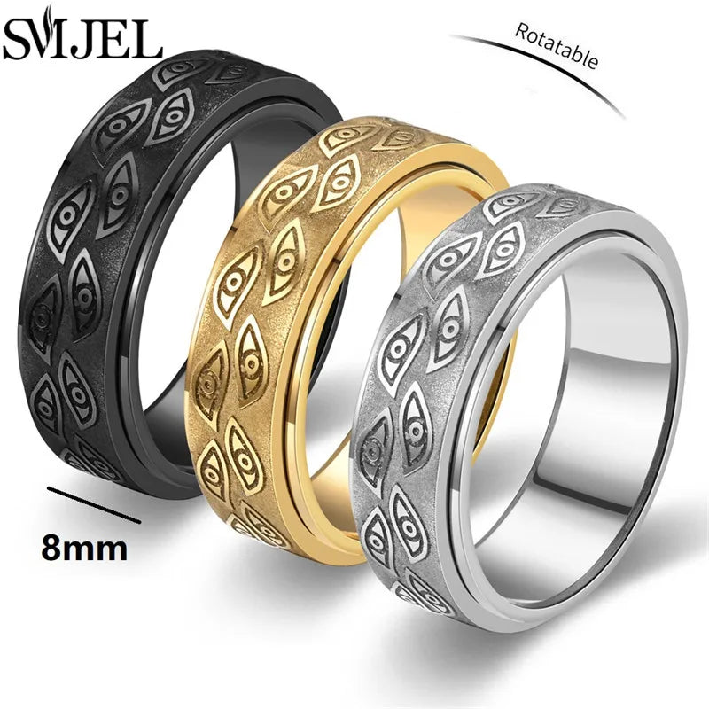 Vintage Carved Eyes Stainless Steel Rings 8mm Fidget Spinner Ring Punk Finger Jewelry Rotatable Ring Gifts - Image 1