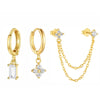 3PCS Four Zircon Flower Hoop Earring Set For Women Stainless Steel Double Stud Chain Tassel Huggie Piercing Jewelry - Image 4