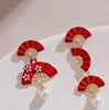 Chinese Style Good Luck Red Fan Earrings For Women Folding Fan Pearl Asymmetric Tassel Earring Girls Christmas Year Jewelry - Image 1