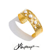 Simulated Pearls Hammer Metal Cuff Bracelet Bangle Texture Stainless Steel Statement Open Wrist Jewelry - Image 1