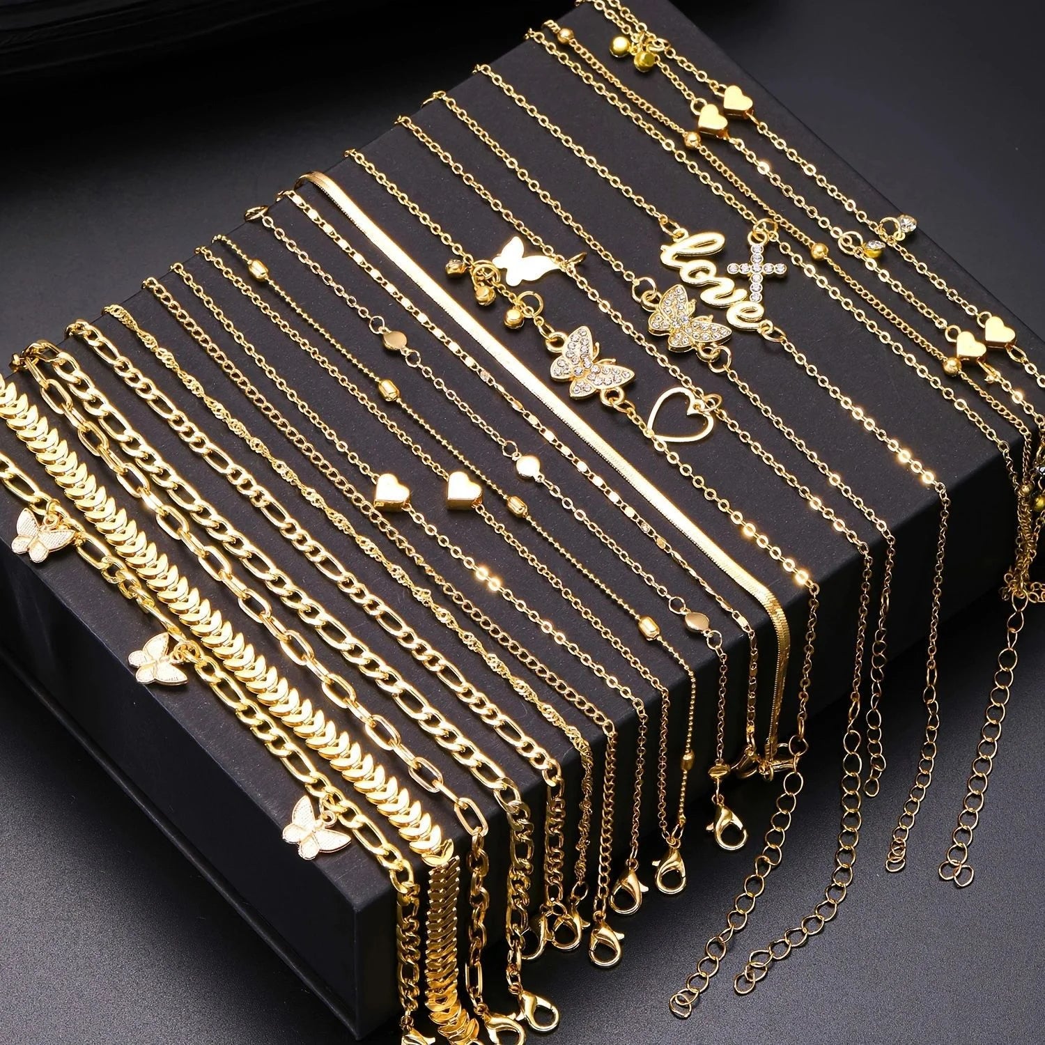 18Pcs Gold Color Love Heart Butterfly Chain Anklet Set for Women Layered Charm Ankle Bracelets Summer Beach Jewelry Gift - Image 1