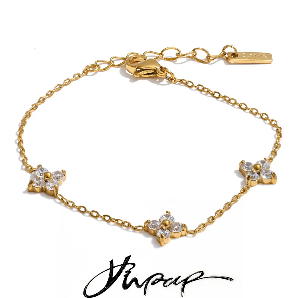 Stainless Steel Cubic Zirconia Flowers Chain Bracelet Bangle Delicate Party Prom Wrist Jewelry - Image 1