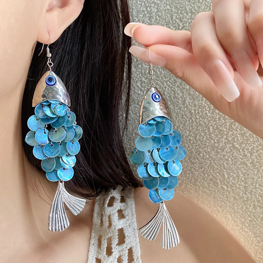 Round Natural Shell Dangle Earrings Novel Ocean Fish-shape Long Tassel Drop Earring for Women Charms Ear Hooks Party Jewelry K1 - Image 1