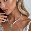 Pearl Cross Pendant Necklace Women Colorful Zircon Square Stud Earrings Elegant Banquet Dress Jewelry Set Accessories - Image 1