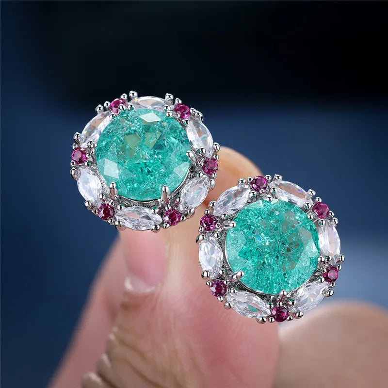 Flower-Setting Stud Earrings with Round Color Stones - Image 1