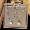 Stainless Steel Double-Layer Necklace with Imitation Pearl Pendant Detail - Image 2