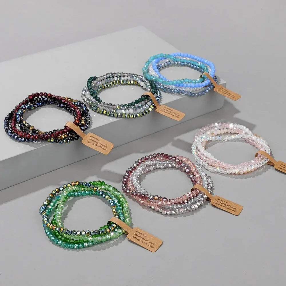 4 Pieces Set Faceted Glass Beads Stretch Bracelet AB Effected Glass Beads Multi Color Elastic Beaded Handmade Bracelet Jewelry - Image 1